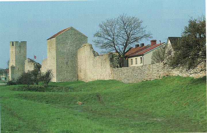 De låga gräsbevuxna kullarna är rester efter Bastionen som byggdes i början på 1700-talet. Bild från Visby stadsmur.