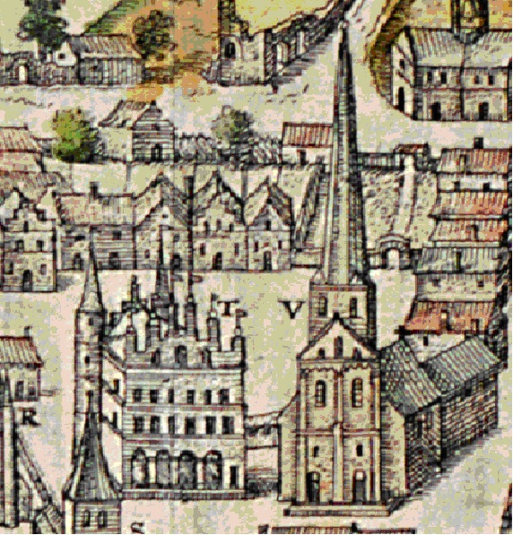 Rådhuset vid Stora Torget. Kopparstick av Georg Braun från Visby 1588.